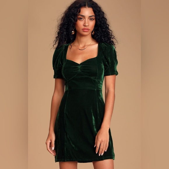 Lulus One Last Kiss Velvet Puff Sleeve Mini Dress - Picture 1 of 12